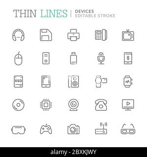 Collection of devices related line icons. Editable stroke Stock Vector