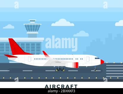 Airplane on the runway vector flat illustration. Stock Vector