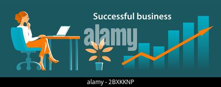 Banner on the theme of business with a girl working at a computer. Stock Vector