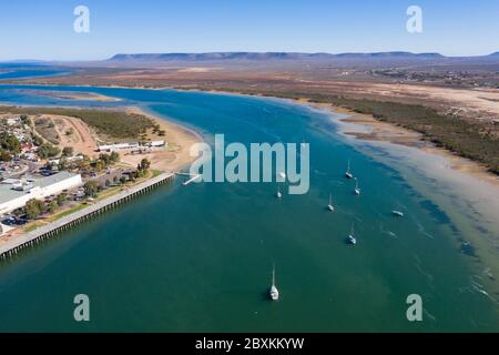 Port Augusta South Australia September 13th 2019 : Aerial view of boats in the harbor at Port Augusta in South Australia Stock Photo