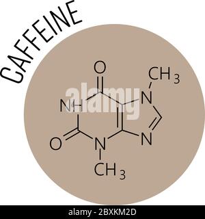 Caffeine molecule. Chemical skeletal formula designed in the beige circle as icon. Cafe, coffee theme or logo. Vector illustration. Stock Vector