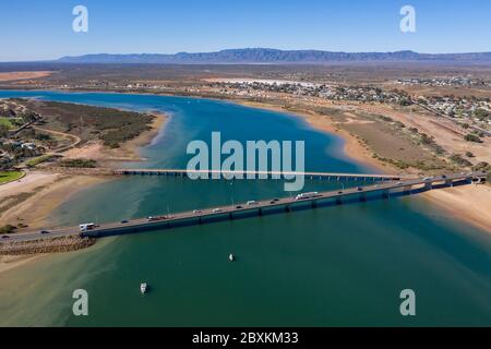 Aerial view of the two bridges catering for vehicle and pedestrian traffic at Port Augusta in South Australia Stock Photo