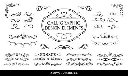 Divider, curl and swirl calligraphic set. Flourishes borders, vegetable whorls vignettes decorative elements, ornaments. Elegant graphics elements ink black and white drawing. Vector illustration Stock Vector