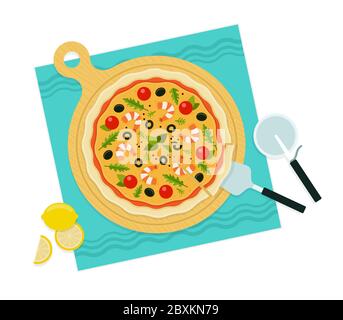 Round delicious pizza seafood. Vector flat illustrations. Favorite fast food. Tools for pizza. Stock Vector