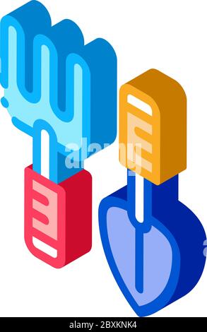 hand rake and shovel tools isometric icon vector illustration Stock Vector