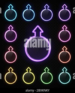Glowing colorful neon arrow signs set isolated on transparent background. Shining glowing neon effect. Circle direction pointer with wires, tubes, glo Stock Vector