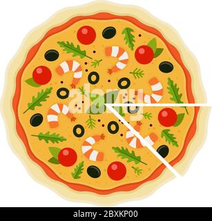 Seafood Pizza with a cut piece flat icon vector isolated Stock Vector
