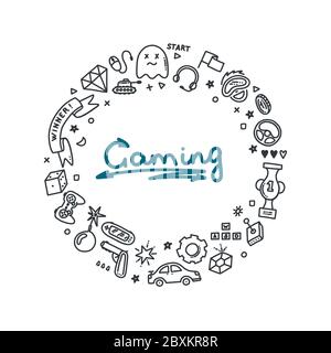 Gaming doodle set in rpound print. Virtual reality, computers, game genres and other related objects. Vector illustration Stock Vector