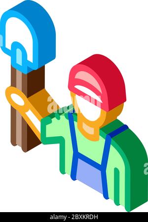 shovel worker isometric icon vector illustration Stock Vector