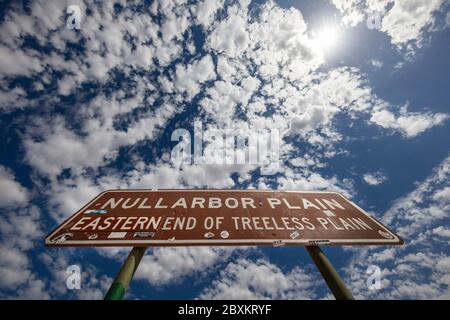 Cocklebiddy Western Australia September 15th 2019 : Iconic sign denoting the start of the Nullarbor Plain at the Eastern end Stock Photo