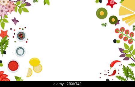 Ingredients for cooking pizza seafood. Vector flat illustration with space for text. Make your pizza. Stock Vector