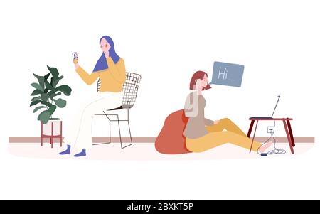 Female character use free time by selfie and phone calls with smartphones modern flat design. Stock Vector