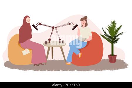 Recording interview muslim woman with microphone in studio podcast media online concept cartoon characters vector illustration. Stock Vector