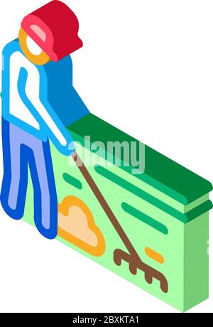 cleaning man with rake isometric icon vector illustration Stock Vector
