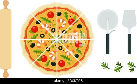 Seafood pizza with appliance vector flat isolated Stock Vector