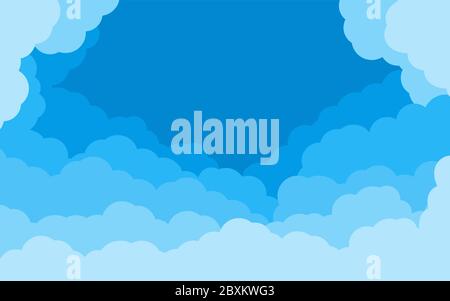 Blue background sky of cartoon flat style. Cover air effect with border of white clouds. Cloudy heaven scene layered effect. Abstract text box for poster, flyer, postcard, banner. Vector illustration Stock Vector