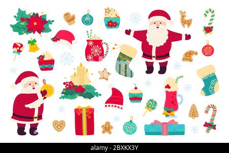 Christmas and New Year set. Holly, cupcake, cup, hat, santa and cookies gift, lollipop candle, mistletoe. Flat cartoon design. New year, christmas objects collection. Isolated vector illustration Stock Vector