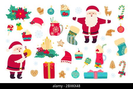 Christmas and New Year set. Holly, cupcake, cup, hat, santa and cookies gift, lollipop candle, mistletoe. Flat cartoon design. New year, christmas objects collection. Isolated vector illustration Stock Vector