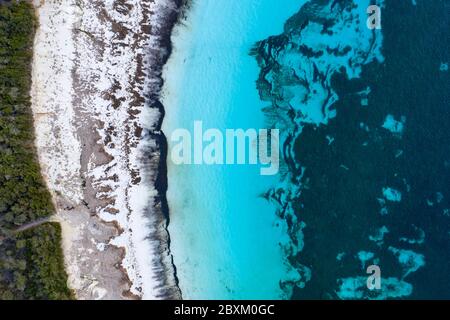 Aerial top down view of the beautiful beach at Lucky Bay near Esperance in Western Australia Stock Photo