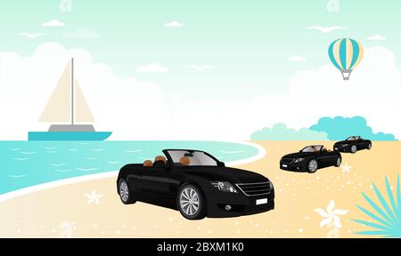 several cars are on beach with hot air balloon Stock Vector
