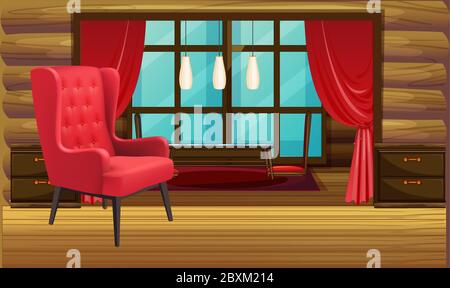 mock up illustration of big red chair in a wooden living room Stock Vector