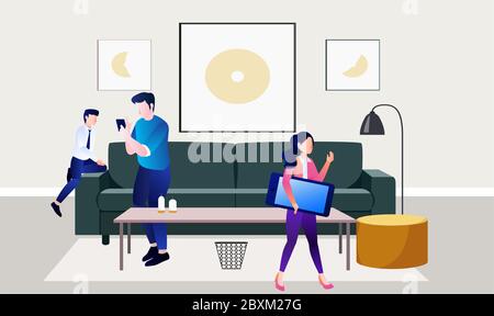 people reading different articles on smart phone in office Stock Vector