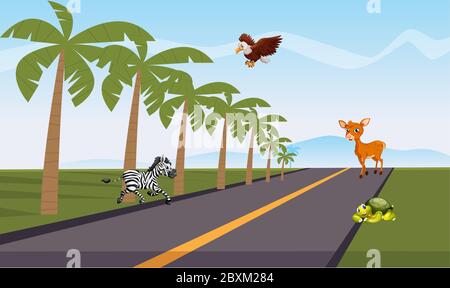 wild animals are playing on the road Stock Vector