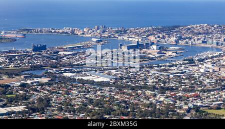 An aerial view of Newcastle City showing the harbour and river area and the suburbs of Carrington. Newcastle NSW Australia. Stock Photo