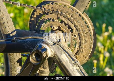 men repairing bicycle during bike trip. pedal bike repair outside close up Stock Photo