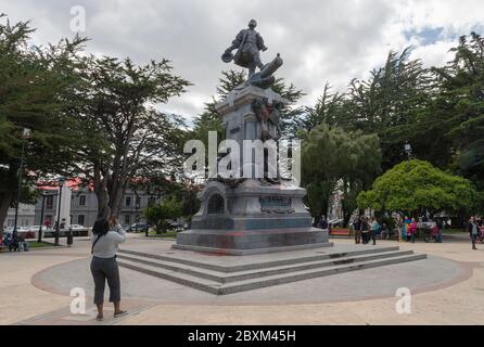 Statue of Ferdinand Magellan in the Plaza de Armas, Punta Arenas, Chile Stock Photo