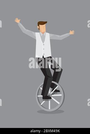 Vector illustration of cartoon man balancing on unicycle with open arms isolated on grey background. Stock Vector