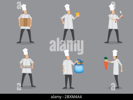 Chef wearing white uniform and toque getting ready for food preparation. Collection of vector cartoon character illustration isolated on plain grey ba Stock Vector