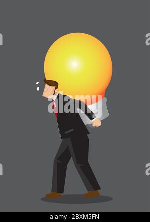 Cartoon businessman carries a giant light bulb on his back, feeling tired and stressed. Creative vector illustration on business metaphor for carrying Stock Vector