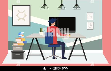 man is doing work from home in a living room Stock Vector