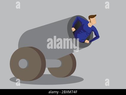 Cartoon vector illustration of a stunt performer in the mouth of a cannon on wheels isolated on grey background. Stock Vector
