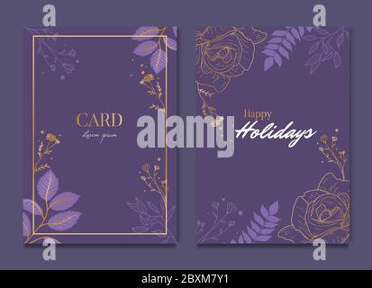 Simple Dark Purple Floral Celebration Wedding Card Invitation Stock Vector