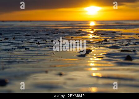 Landscape of Baltic state paradise beach. Baltic sea sunset, Estonia, Tallinn. Beautiful golden orange sunset over the sea Stock Photo
