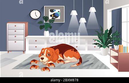 domestic dog with his family in a living room Stock Vector