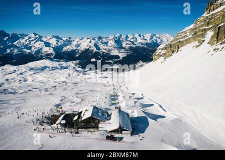 Aerial drone view of Madonna di Campiglio and ursus snowpark in Val Rendena dolomites trentino Italy Stock Photo