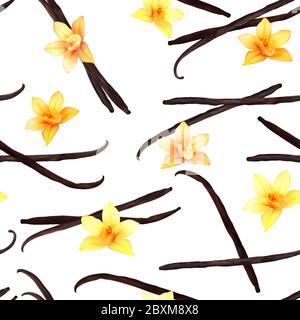 Realistic Detailed 3d Vanilla Flower and Pods Seamless Pattern Background on a White. Spice for Dessert. Vector illustration Stock Vector