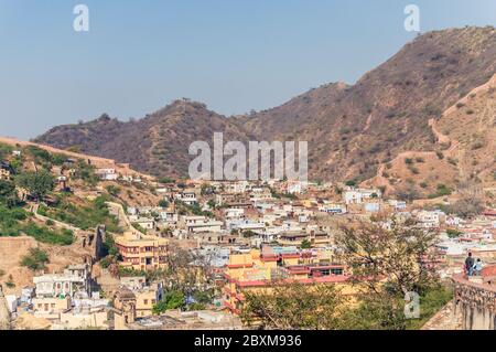 View of Amer town near Jaipur, Rajasthan, India with hills and mountains around Stock Photo