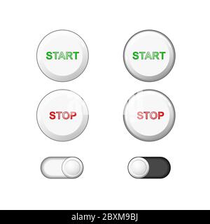 web buttons set. Vector. White plastic round solid buttons. icons for internet: start, stop, slide button slider bar . Pressed buttons. graphic Stock Vector