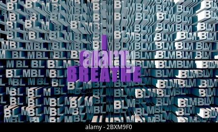 Lettering in big Violet letters I CAN'T BREATHE on a white letters BLM background 3d rendering Stock Photo