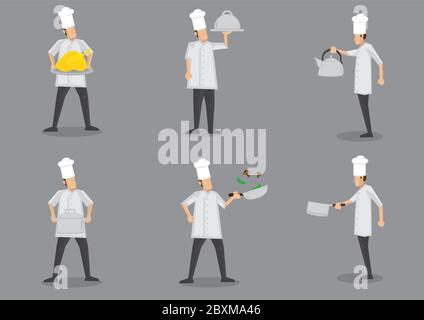 Front and profile side view of chef wearing white uniform and toque with different cooking equipment. Collection of vector cartoon characters isolated Stock Vector