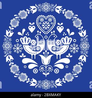 Folk art vector round ornamental frame with birds, hearts, and flowers, Scandinavian design in circle, floral composition Stock Vector