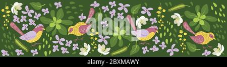 Floral web banner. Social media profile cover picture. Hand drawn birds and plants on green background. Flat vector illustration. Stock Vector