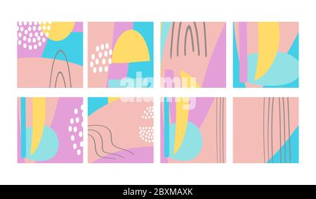 Set of fun hand drawn colorful shapes, doodle objects, lines and dots collage, modern trendy abstract pattern background for design banners. Pink cyan Stock Vector