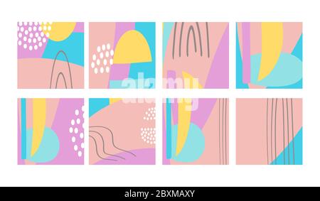 Set of fun hand drawn colorful shapes, doodle objects, lines and dots collage, modern trendy abstract pattern background for design banners. Pink cyan Stock Vector