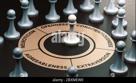 3d illustration of pawns over black background and a circle shape with 5 words around it representing the big five personality traits and the ocean mo Stock Photo