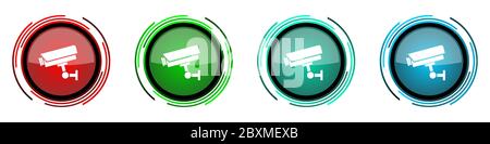 Cctv camera round glossy vector icons, set of buttons for webdesign, internet and mobile phone applications in four colors options isolated on white b Stock Vector